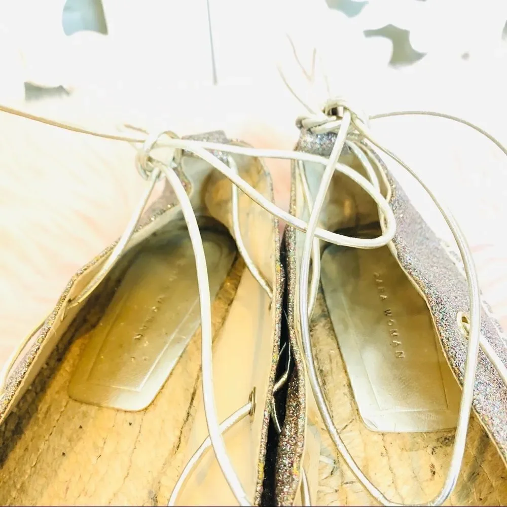 EUC Zara Glitter Tie Front Espadrilles Flats 9